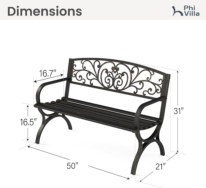 PHI VILLA 50Inch Cast Iron Steel Frame Garden Bench Patio Furniture Chair - Image 2