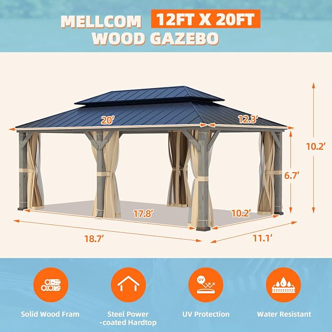 MELLCOM 12' x 20' Outdoor Hardtop Gazebo, Cedar Wood Framed Gazebo - Image 2