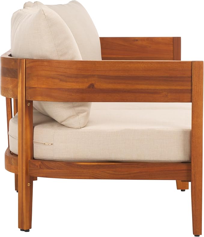 SAFAVIEH Outdoor Collection Theo Natural Teak Solid Wood/Taupe Cushion 3-Seater - Image 9