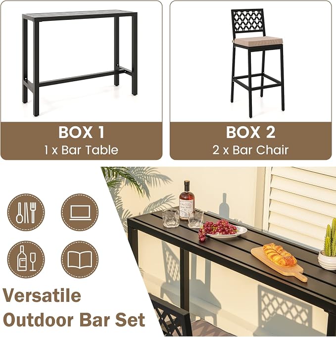 COSTWAY 3 Piece Outdoor Bar Table and Chairs Set, Metal Patio Bar Table Set - Image 5