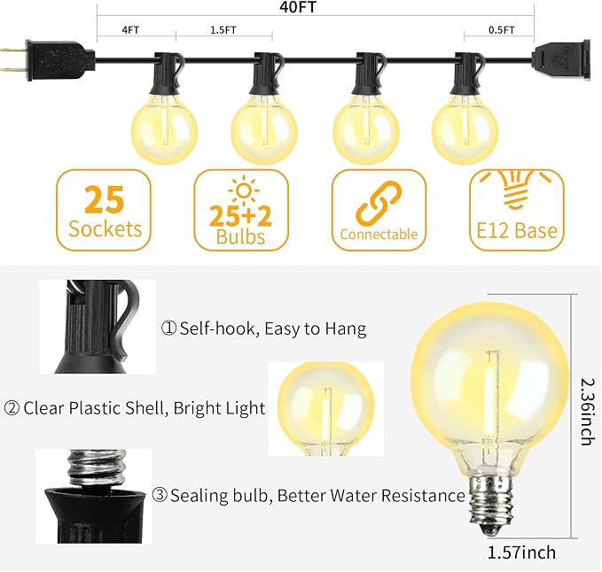 40FT LED Outdoor String Lights Waterproof, G40 LED Globe Outdoor Lights - Image 5