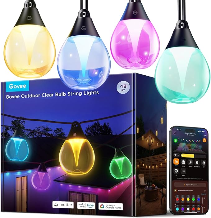 Govee Outdoor Clear Bulb String Lights, 48ft RGBWIC Outdoor String Lights by Govee