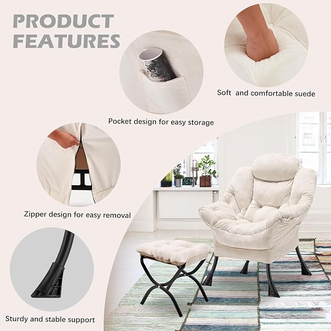Lazy Chair with Folding Ottoman, Leisure Sofa Chair, Soft Fabric Armchair with - Image 5
