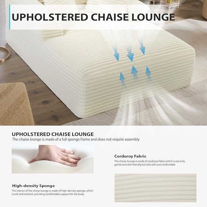67 Inch Chaise Lounge Chair Indoor, Oversized Corduroy Upholstered Boneless - Image 5