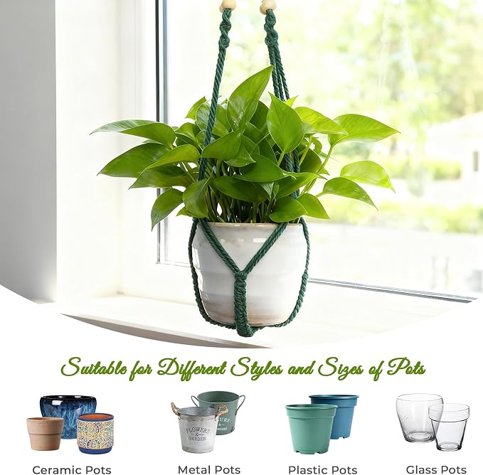 Macrame Plant Hanger, Wood Beads Cotton Hanging Planter Holder - Image 6