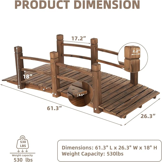 Wood Garden Bridge Classic Wooden Arch Stained Finish Footbridge - Image 6