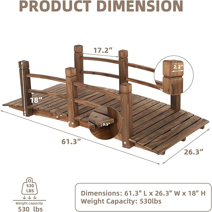 Wooden Garden Bridge Classic Wood Arch Stained Finish Footbridge - Image 5