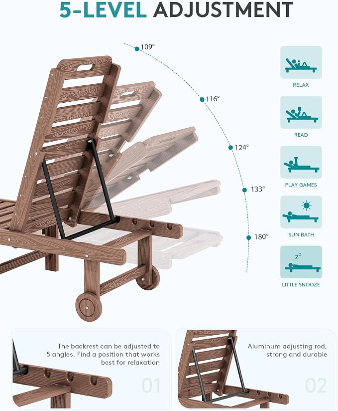 SERWALL Outdoor Chaise Lounge Set of 6, HDPE Pool Lounge Chair - Image 3