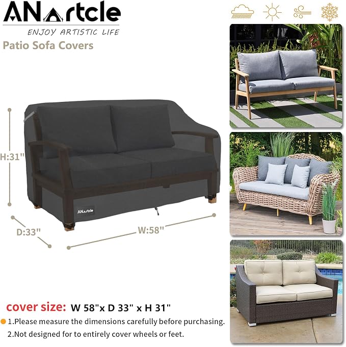 2-Seater Patio Loveseat Cover, 58W x 32.5D x 31H Inches Outdoor Couch Cover - Image 3