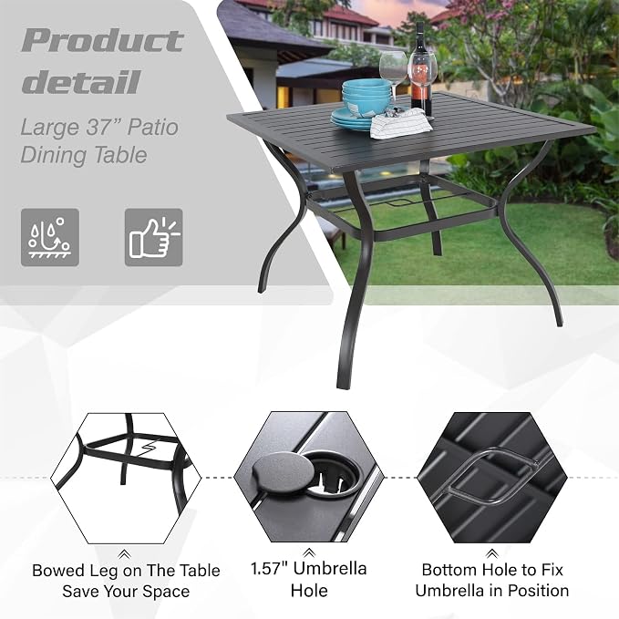 PHI VILLA 5-Piece Metal Patio Outdoor Table and Chairs Dining Set- 37" Square - Image 3