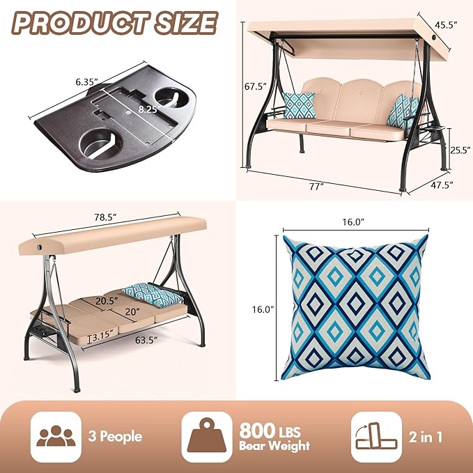 3 Seat Outdoor Porch Patio Swing - Image 7