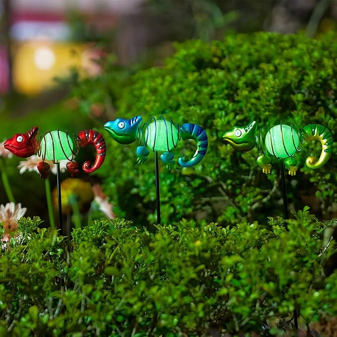 3 Pack Garden Stakes Decorative, Cute Chameleons Glow in The Dark Metal Garden - Image 4