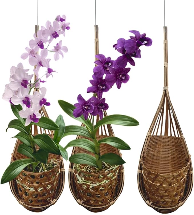 Handmade 100% Thai Bamboo Hanging Orchid Basket – 4 Inch Set of 3 by Panwa