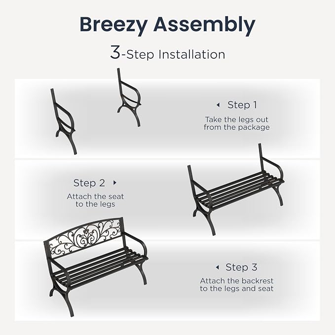 PHI VILLA 50Inch Cast Iron Steel Frame Garden Bench Patio Furniture Chair - Image 7