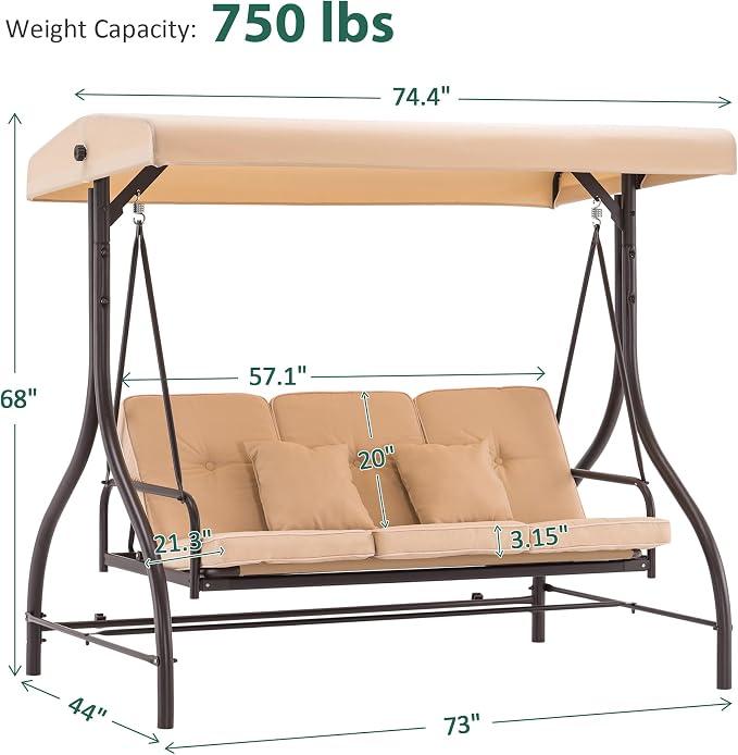 MCombo 3-Seat Outdoor Patio Swing Chair, 2-in-1 Convertible Porch Swing Glider - Image 5
