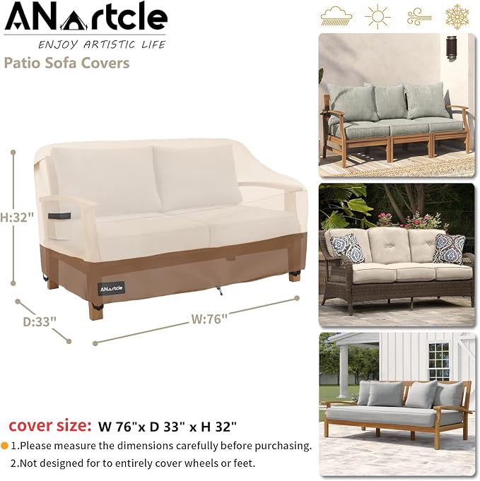 3-Seater Patio Sofa Cover, 76W x 32.5D x 33H Inches Outdoor Couch Cover - Image 3
