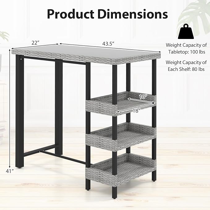 Tangkula 43.5” Outdoor Bar Table, Wicker Bar Height Dining Table w/Tempered - Image 3