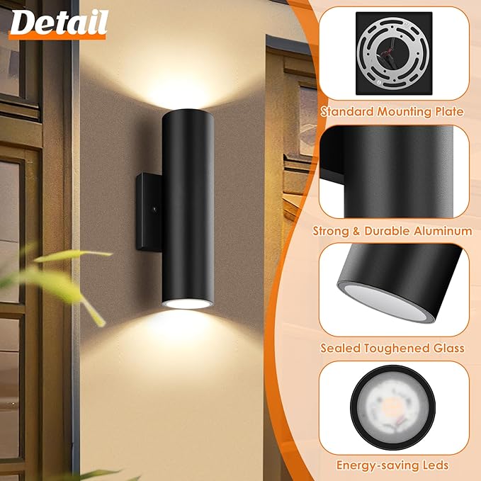 GoBright Outdoor Wall Lights, 12W 3000K Integrated LED Cylinder Up Down Lights - Image 5