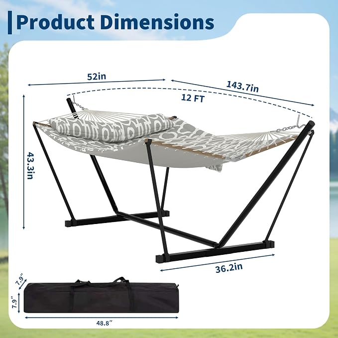 2 Person Double Hammock with Adjustable Steel Stand & Pillow, Heavy Duty - Image 2
