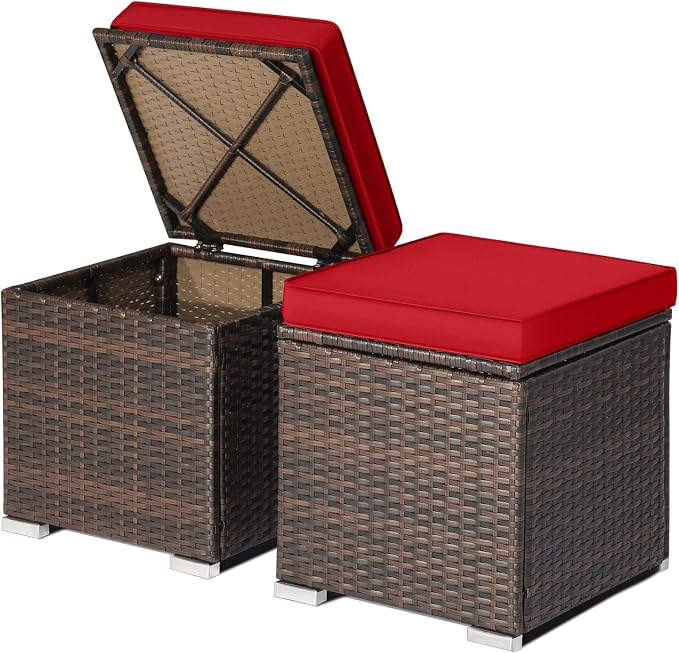 DORTALA Outdoor Storage Ottoman Wicker 2 Piece, Patio Ottomans PE Rattan Foot by DORTALA