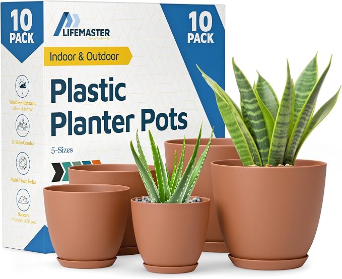 Terracotta Plant Pots with Drainage Holes & Saucers 10 Pack, Indoor & Outdoor by LIFEMASTER