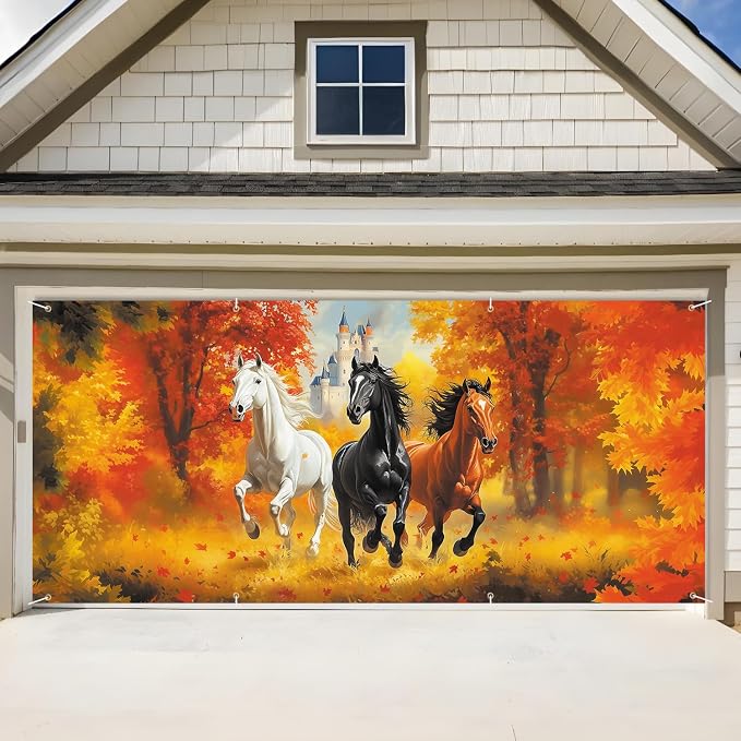 ANNA QUEEN Horse Garage Door Banner 6 x 13FT, Forest Scenery by ANNAQUEEN