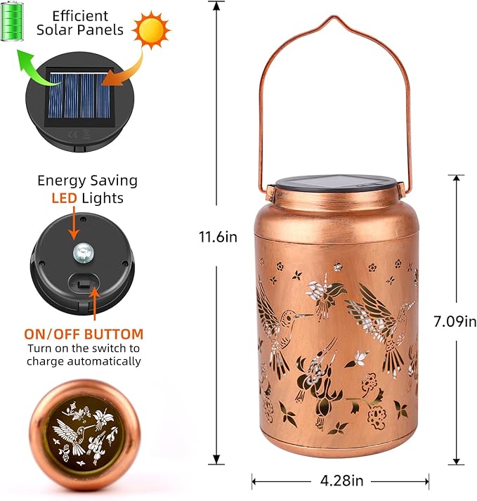 Hummingbird Solar Lanterns Outdoor Waterproof Hanging Solar Lights Metal Decor - Image 5