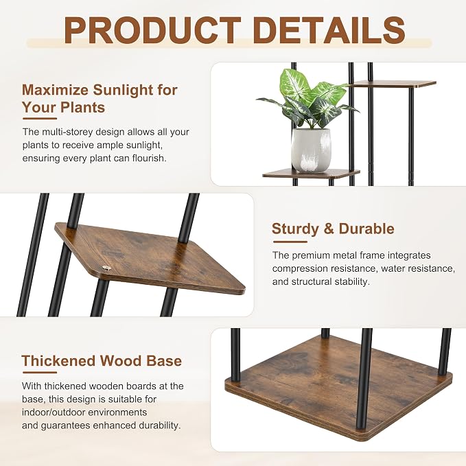 4 Tier Plant Stand Indoor Outdoor, Wood Metal Corner Shelf, Planter Shelf - Image 4