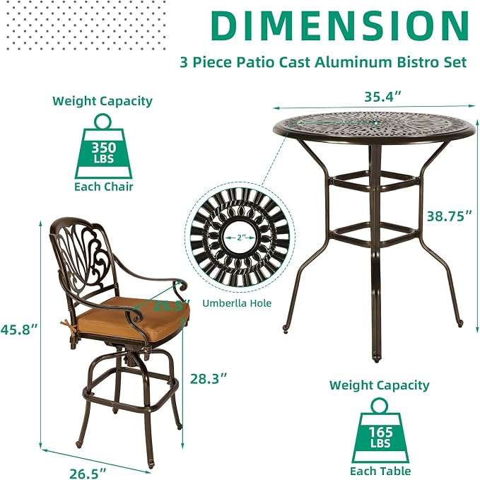 VIVIJASON 5-Piece Patio Swivel Bar Stools Set, All Weather Cast Aluminum - Image 6