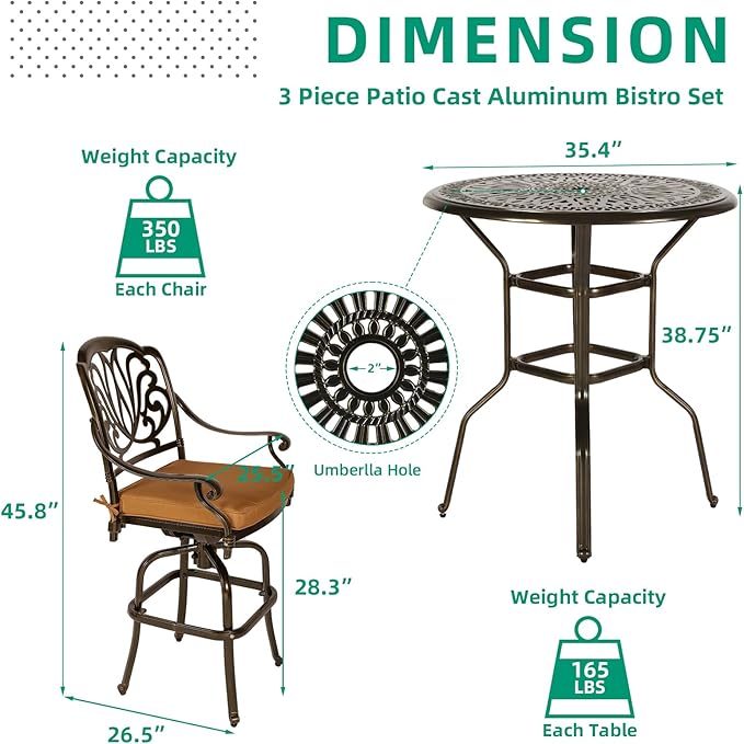 VIVIJASON 3-Piece Patio Swivel Bar Stools Set, All Weather Cast Aluminum - Image 6