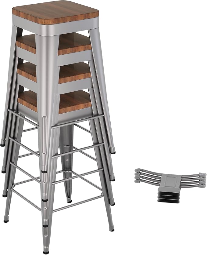 Bar Stools Set of 4 Metal Bar Stool Counter Height Bar Stools Sliver, Modern - Image 5