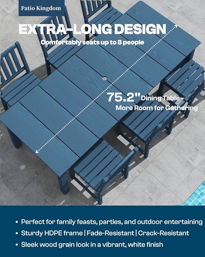 9-Piece Outdoor Dining Set for 8, 75.2" HDPE Table - Image 3