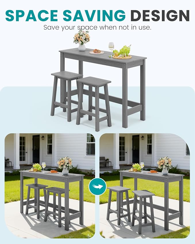 SERWALL 3-Piece Outdoor Bar Set, Rectangular All Weather HDPE Bar Height Patio - Image 9