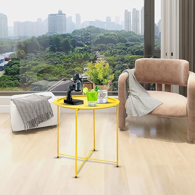 Garden 4 you End Table 2 PCS Metal Side Table Yellow Round Folding Tray Cyan - Image 6