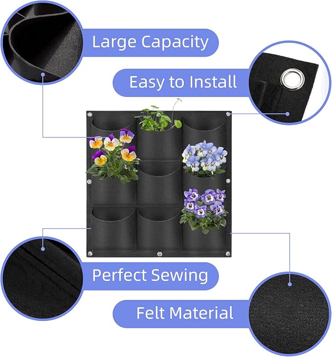 9 Pockets Hanging Planter Bags, Hanging Vertical Wall Mounted Plant Planting - Image 4