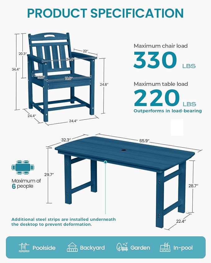 Ciokea HDPE Outdoor Dining Set, 7-Piece Patio Table and Chairs Set - Image 2