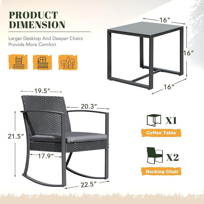 Devoko Resin Patio Furniture Set 3 Piece All Weather Outdoor Rocking Chairs - Image 3