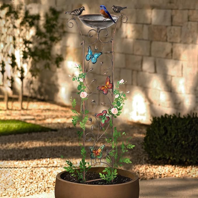 SUNNYPARK Bird Bath with Trellis Outdoor, Antique Garden Iron Trellis with - Image 6