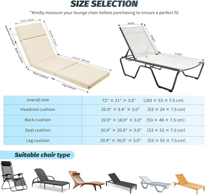 Outdoor Chaise Lounge Cushion 72" x 21" x 3", 4-Section Folding Patio Lounge - Image 3