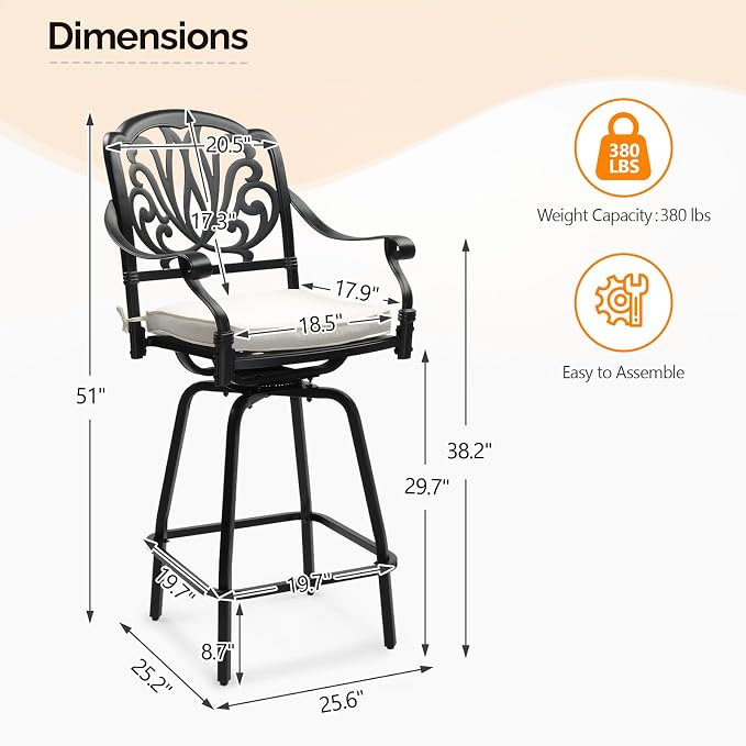 VINGLI Outdoor Swivel Bar Stools Set of 2, Cast Aluminum Patio Bar Height Chairs - Image 3