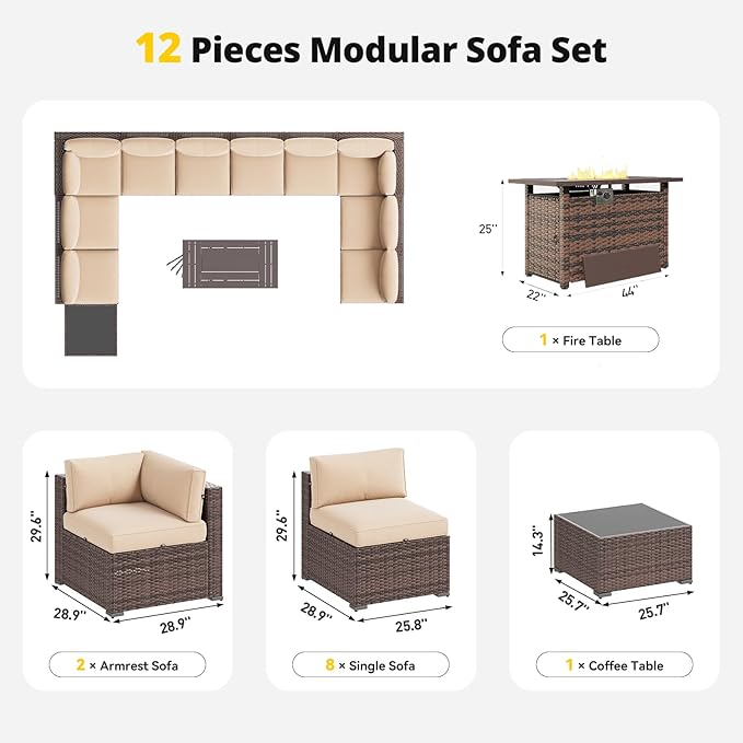Aoxun Patio Furniture Set with Fire Pit Table, 12 Piece Outdoor Sectional Sofas - Image 7