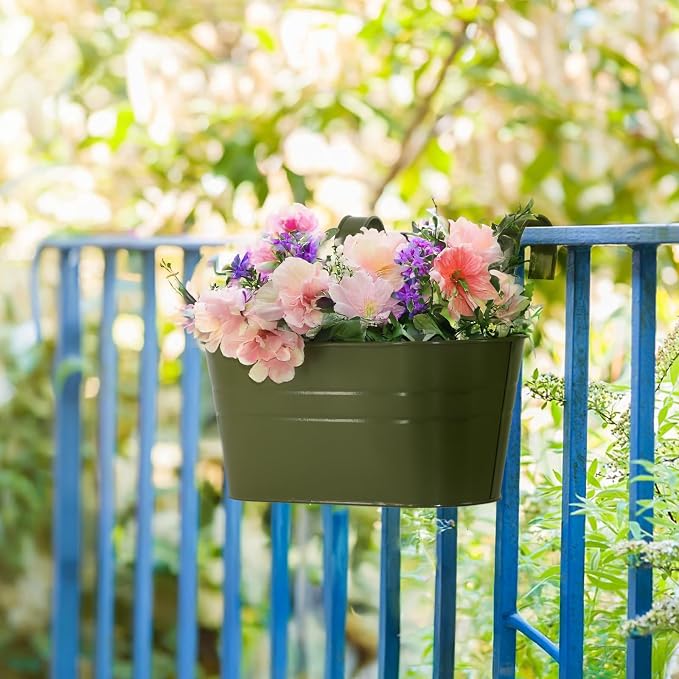3 Pack Metal Railing Planters, 10.5" Oval Hanging Flower Pots - Image 3