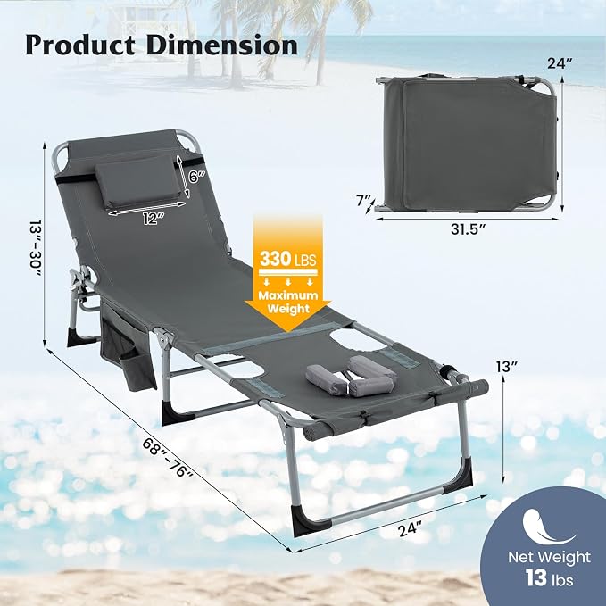 GYMAX Tanning Chair, 330LBS Beach Lounge Chair - Image 3
