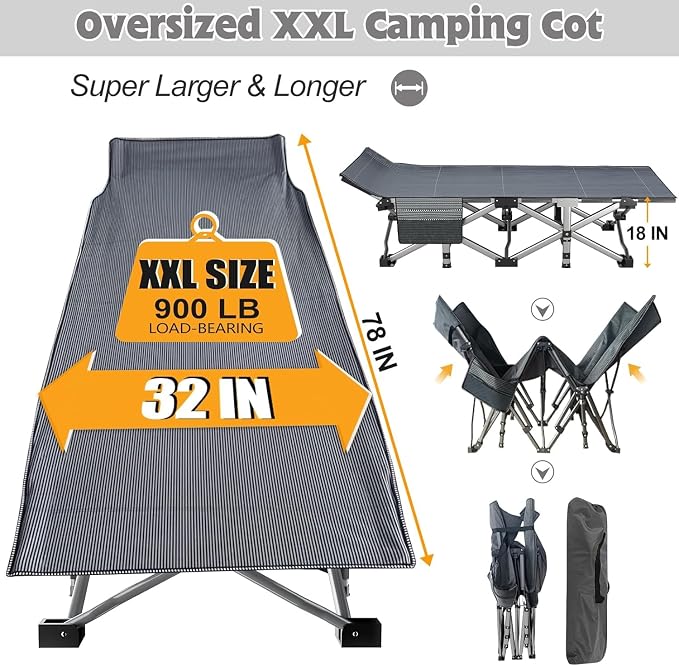 ABORON XXL Camping Cot with 2in Memory Foam Trifold Mattress, 900LBS Heavy Duty - Image 6