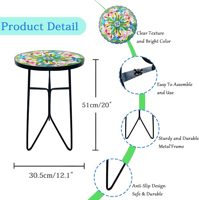 Mosaic Bird Outdoor Side Tea Table, Glass Plant Tables Indoor Decorative Metal - Image 3