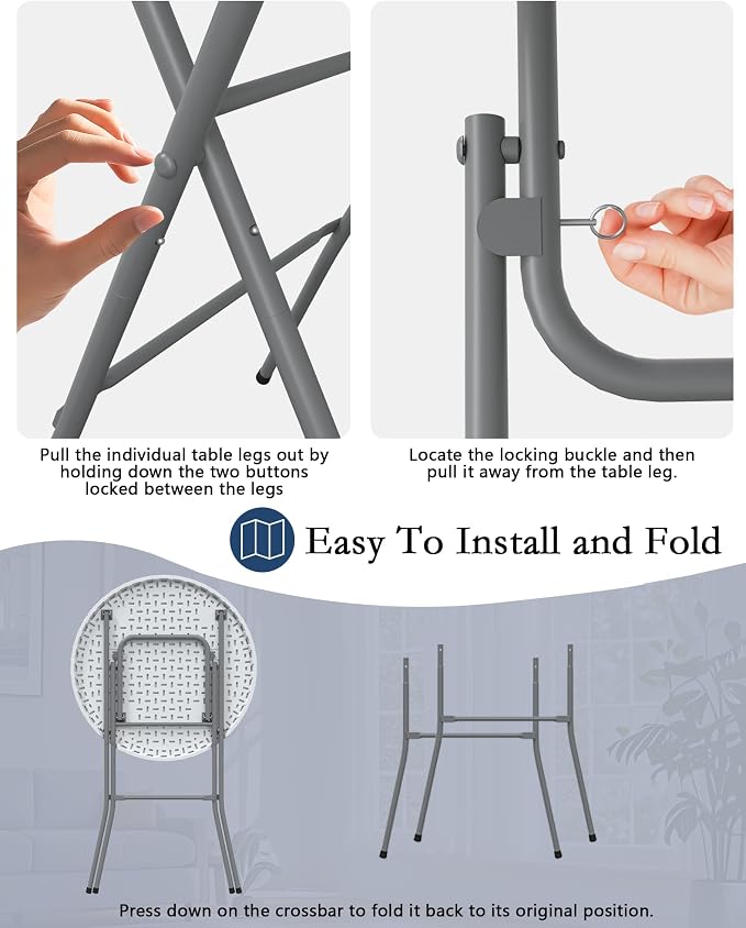 Round Folding Table, Portable Plastic Table w/Thick Table Top, Metal Frame - Image 5