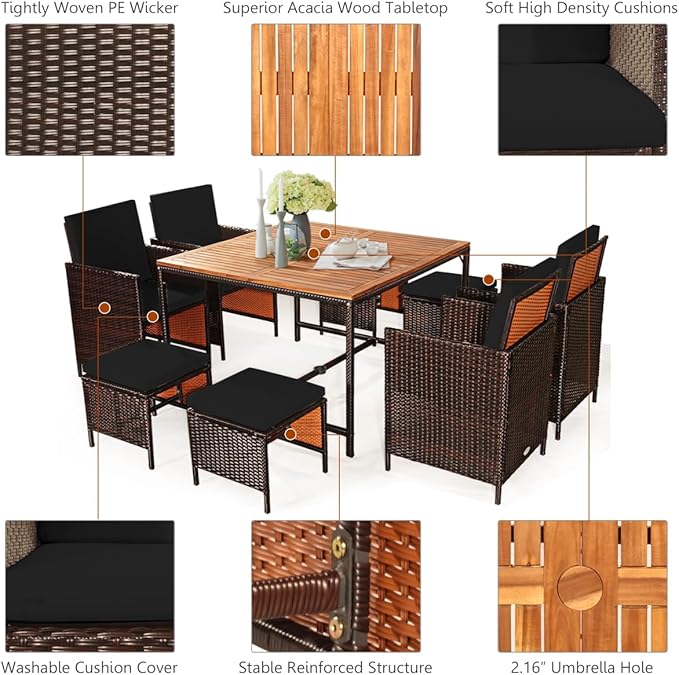 Tangkula 9 Pieces Acacia Wood Patio Dining Set, Space Saving Wicker Chairs and - Image 8