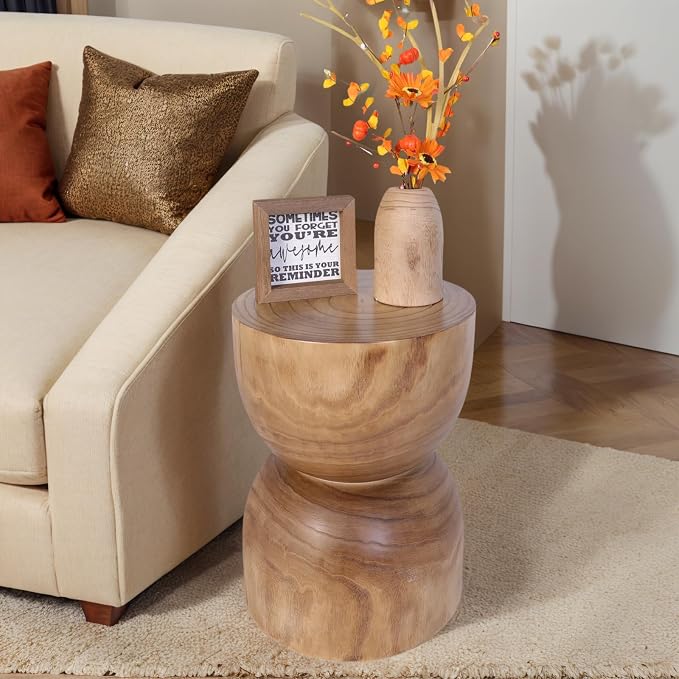 Small Wooden Side Table, 15.75" H Hand Carved Rustic Tree Stump End Table by Athaliah