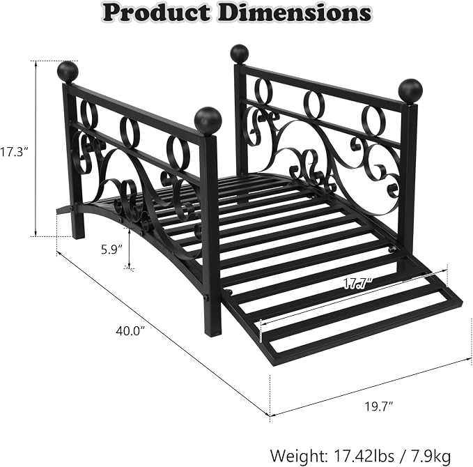 40.16" Metal Arch Garden Bridge, Ourdoor Decorative Iron Foot Bridge - Image 3