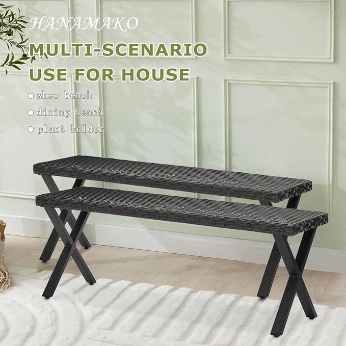 Outdoor Rattan Backless Bench Set of 2, Weatherproof Patio Bench - Image 4